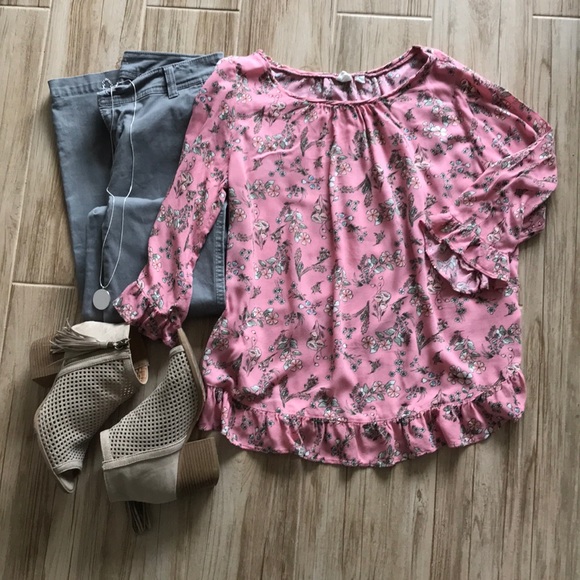 Gap 3/4 sleeve pink floral top with peplum hem - Picture 1 of 6